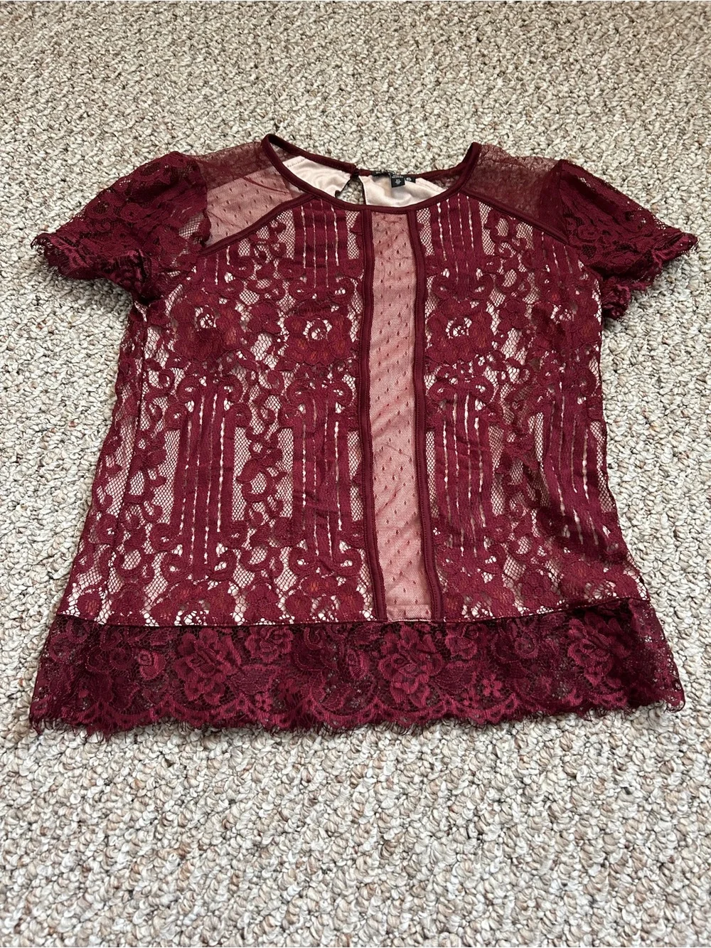 Express Lace Short Sleeve Top - Burgundy - Picture 1 of 3